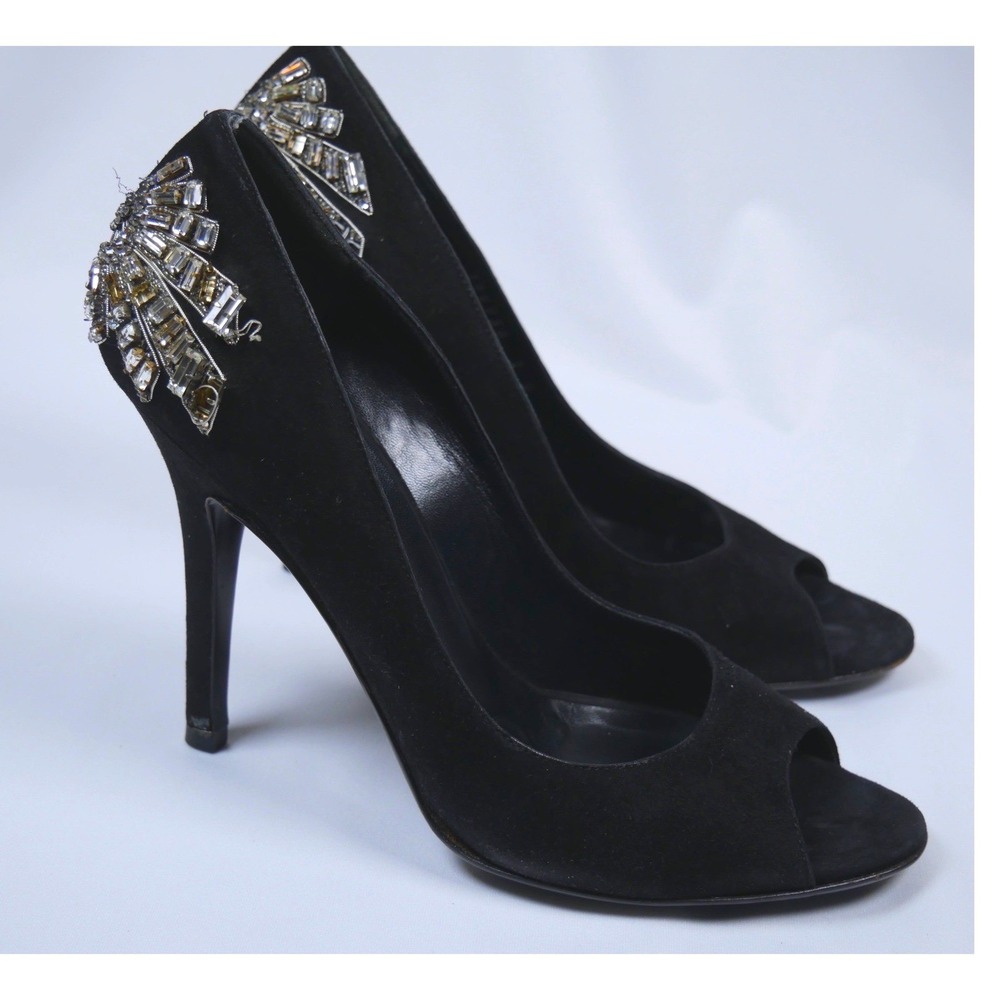 Gucci Black‎ Suede Crystal Embellished Peep Toe Pumps 186938 C2000 7B